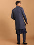 Vastramay Men's Navy Blue Sherwani With Kurta Pant Set